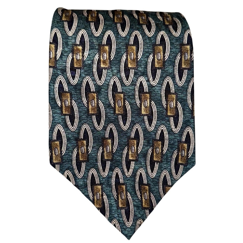 Vtg Countess Mara Mens Tie Silk Blue/Green Geometric 3.75x59” USA